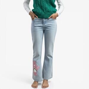 Kawaii Pastel Care Bear Rainbow Cheer Bear Justice Light Wash Flare Jeans Sz XS